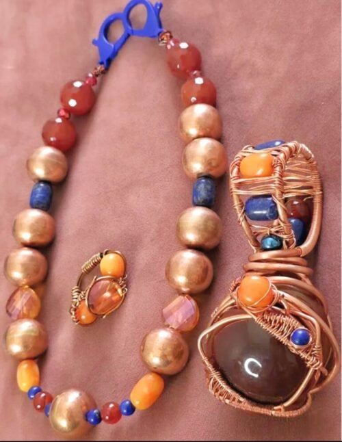 piece copper ball necklace, copper wrapped pendant and copper ring size 8